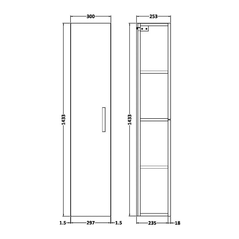 Nuie Athena 1-Door Wall Hung Tall Unit 300mm Wide - Gloss Grey - MOC361 - 300mmx1433mmx235mm