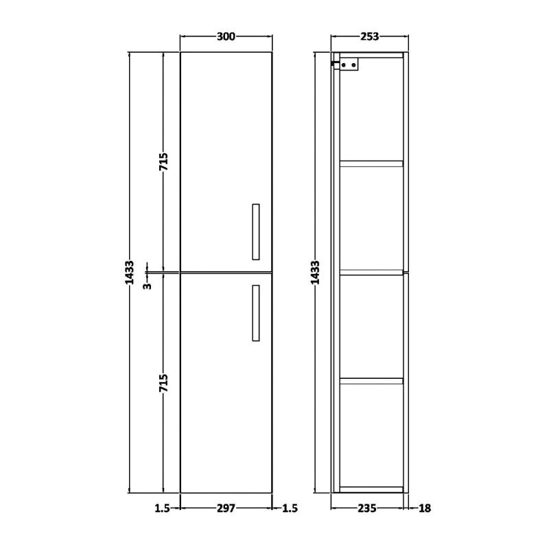 Nuie Athena 2-Door Wall Hung Tall Unit 300mm Wide - Gloss Grey - MOC362 - 300mmx1433mmx253mm