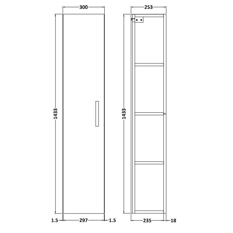Nuie Athena 1-Door Wall Hung Tall Unit 300mm Wide - Hacienda Black- MOD661 - 300mmx1433mmx253mm