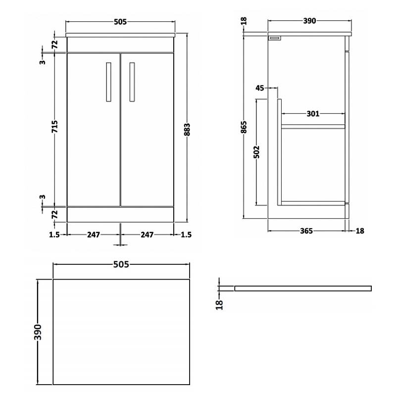 Nuie 2-Door Athena Floor Standing Vanity Unit and Worktop 500mm Wide - Gloss Grey Mist - ATH103W - 505mmx883mmx390mm