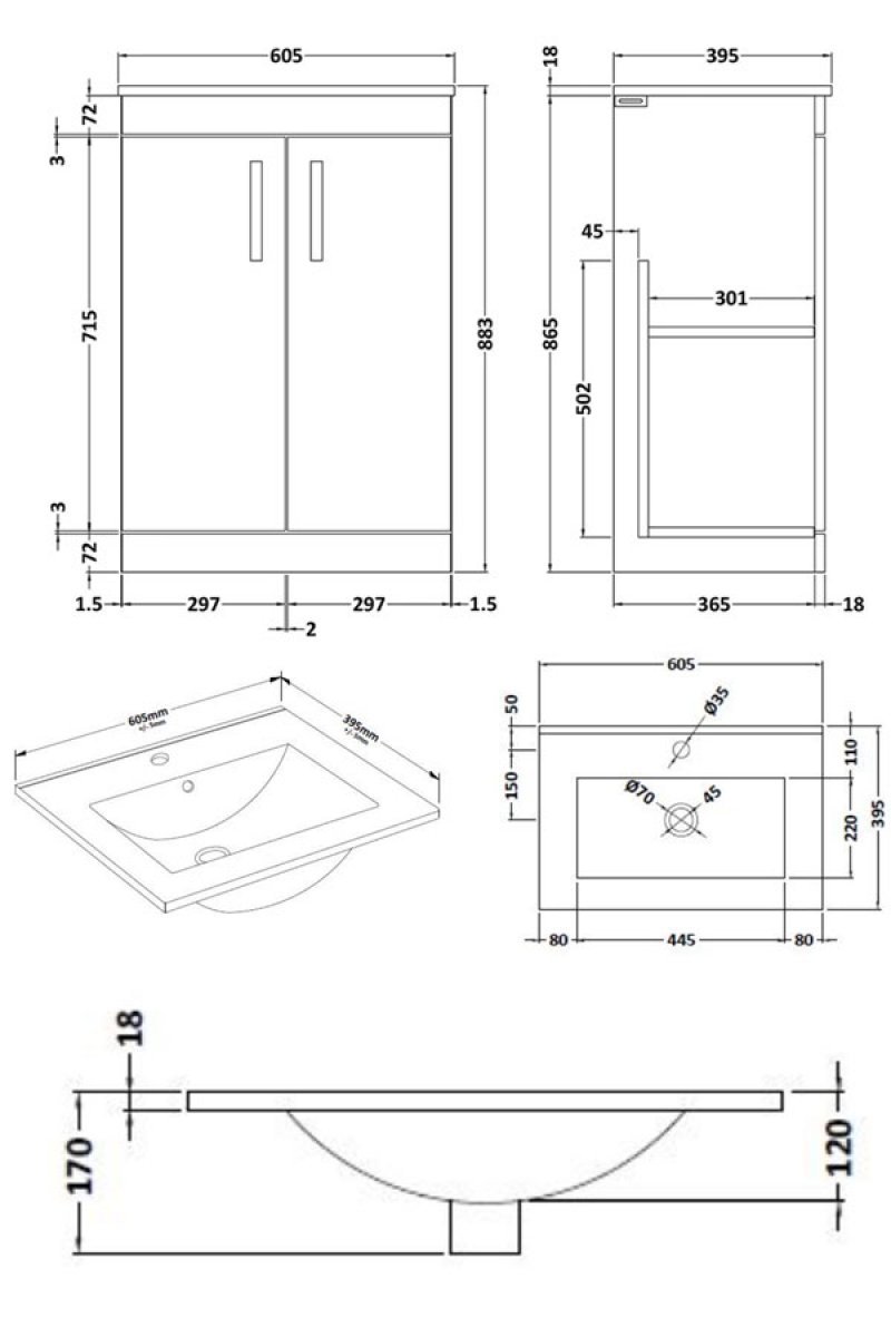 Nuie 2-Door Athena Floor Standing Vanity Unit with Basin-2 600mm Wide - Natural Oak - ATH024B - 695mmx883mmx395mm