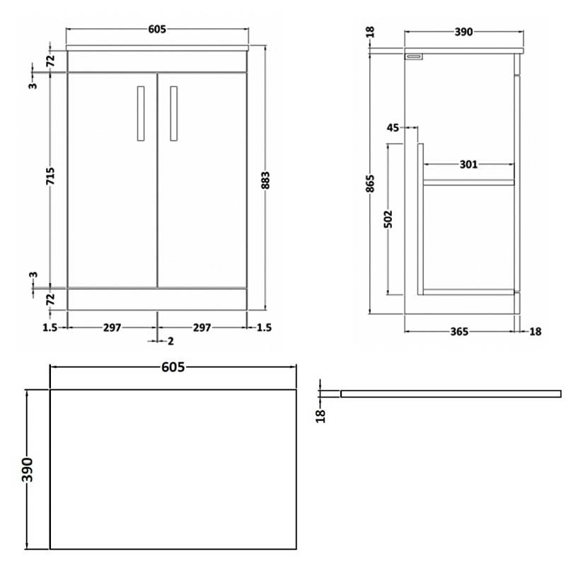 Nuie 2-Door Athena Floor Standing Vanity Unit and Worktop 600mm Wide - Natural Oak - ATH024W - 605mmx883mmx390mm