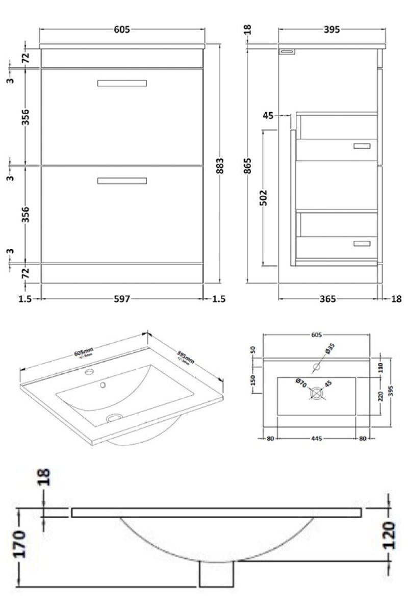 Nuie 2-Drawer Athena Floor Standing Vanity Unit Basin 2 600mm Wide - Hacienda Black - ATH033B - 605mmx883mmx395mm