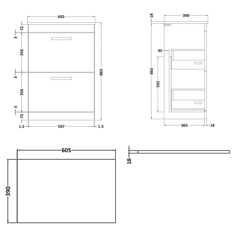 Nuie 2-Drawer Athena Floor Standing Vanity Unit and Worktop 600mm Wide - Hacienda Black - ATH033W - 605mmx883mmx395mm