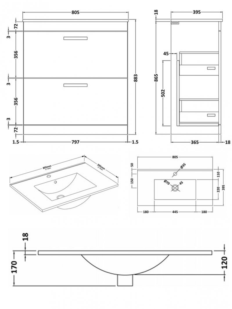 Nuie Floor Standing 2-Drawer Athena Vanity Unit Basin 2 800mm Wide - Hacienda Black - ATH054B - 805mmx883mmx395mm