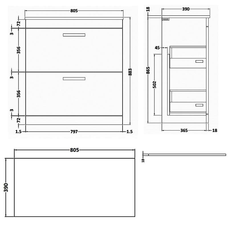 Nuie 2-Drawer Athena Floor Standing Vanity Unit and Worktop 800mm Wide - Hacienda Black - ATH054W - 805mmx883mmx395mm