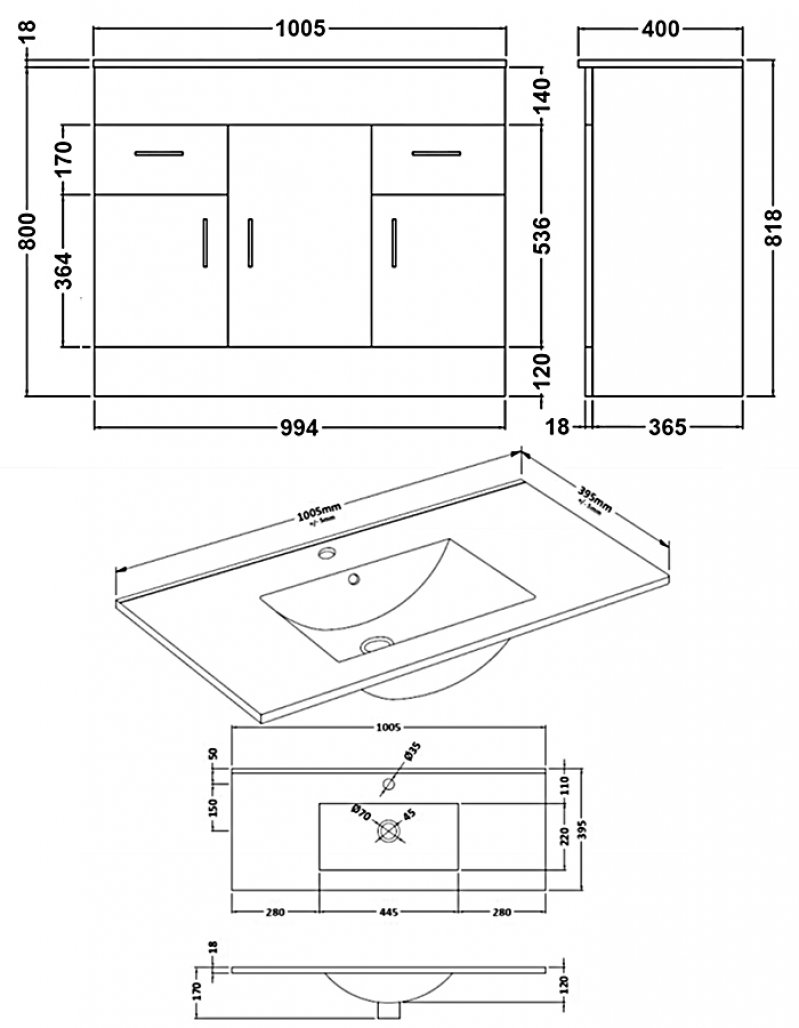 Nuie 3-Door Vanity Eden Floor Standing Unit and Basin 1000mm Wide 2 Gloss - White - VTMW1000 - 1005mmx818mmx400mm