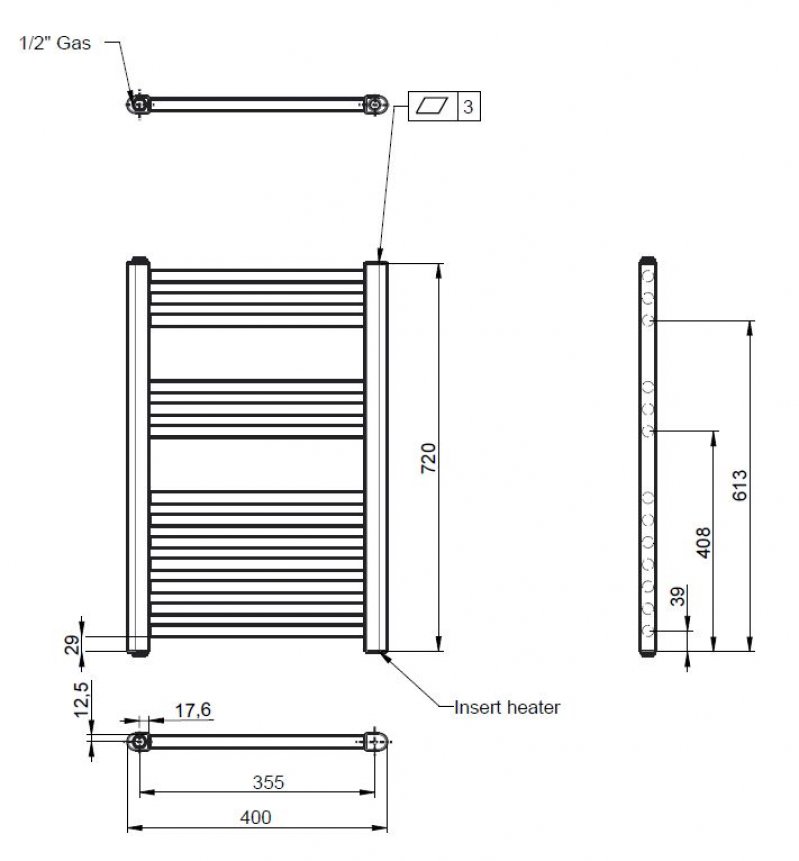 Nuie Heated Electric Towel Rail 720mm High x 400mm Wide  - Chrome - MTY150 - 400mmx720mmx30mm