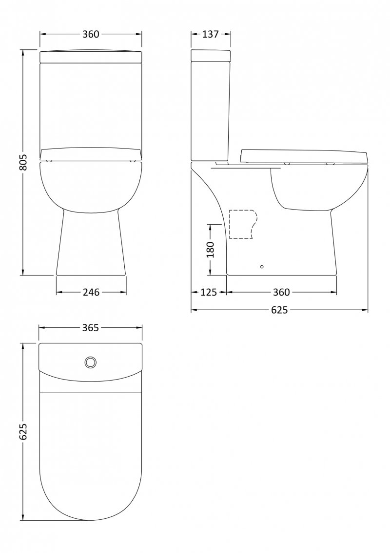 Nuie Lawton White Contemporary Compact Close Coupled Pan & Cistern ONLY - CLW001 - 365mmx795mmx630mm