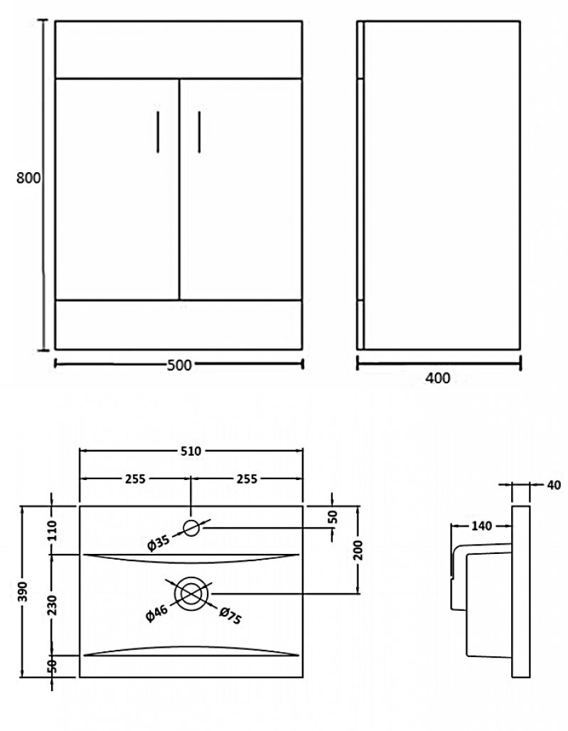 Nuie 2-Door Eden Floor Standing Vanity Unit and Basin 500mm Wide 1 Gloss - White  - VTMW500E - 505mmx818mmx400mm