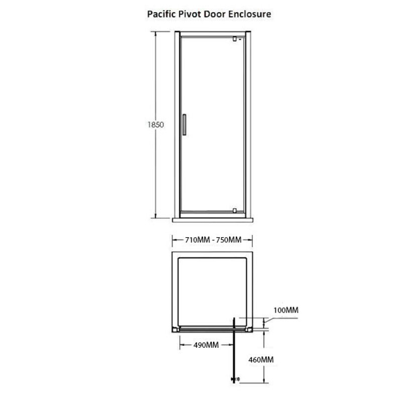 Nuie Pacific Contemporary Pivot Door Polished Chrome 760mm - AQPD76 - 750mmx1850mmx44mm