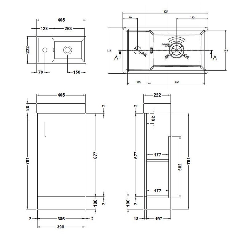 Nuie 1-Door Vault Floor Standing Vanity Unit with Basin 400mm Wide - Hacienda Black - MIN004 - 400mmx781mmx222mm