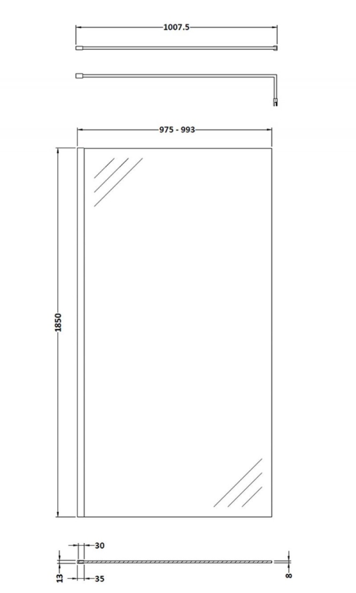 Nuie 8mm Glass Wet Room Screen 1850mm x 1000mm Wide with Support Bar - Chrome - WRSC10 - 1000mmx1850mmx14mm