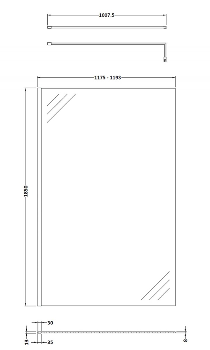 Nuie 8mm Glass Wet Room Screen 1850mm x 1200mm Wide with Support Bar - Chrome - WRSC12 - 1200mmx1850mmx14mm