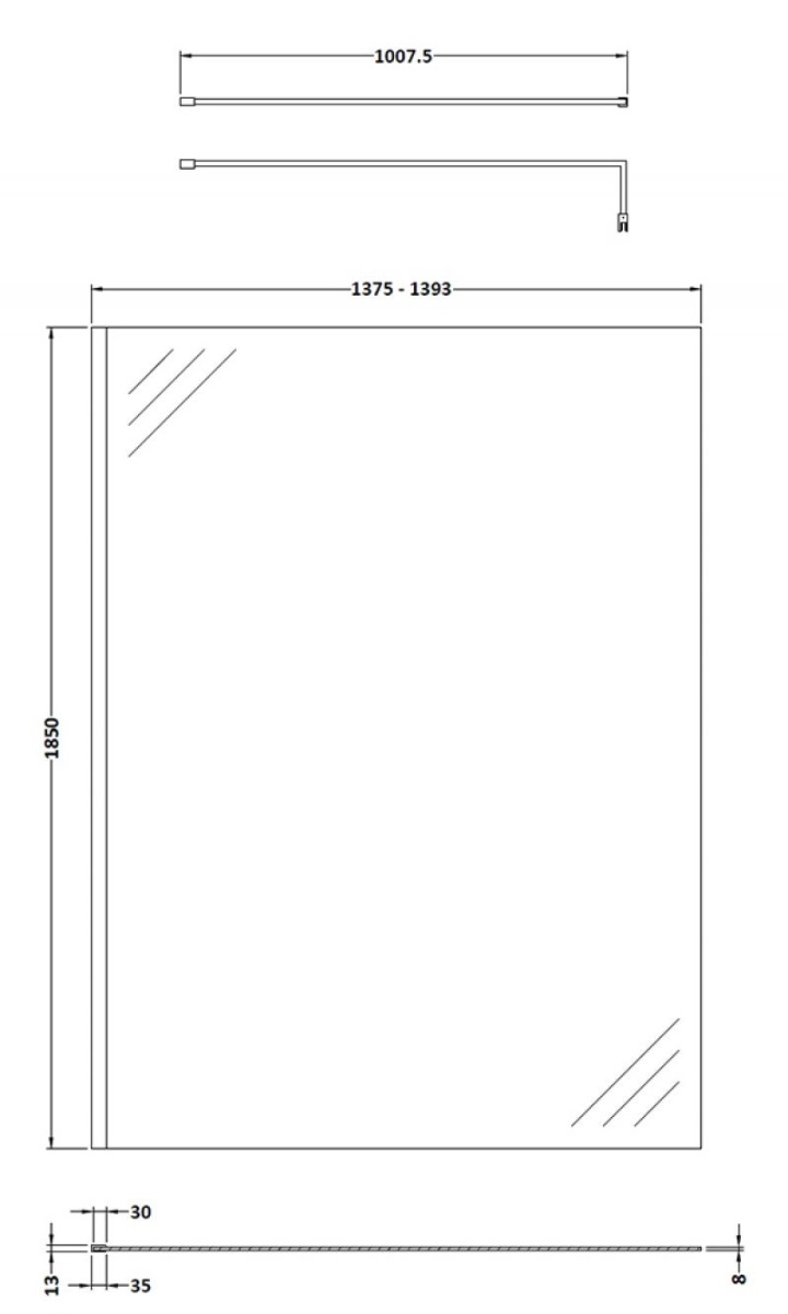 Nuie 8mm Glass Wet Room Screen 1850mm x 1400mm Wide with Support Bar - Chrome - WRSC14 - 1400mmx1850mmx14mm