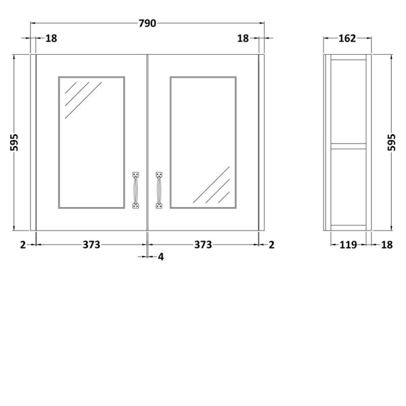 Nuie 2 Door York Mirror Cabinet 800mm Wide - Grey Woodgrain - OLF215 - 790mmx595mmx162mm