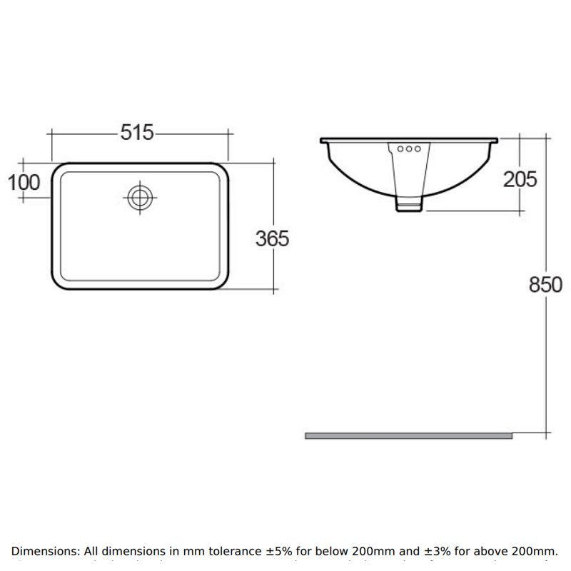 RAK Cleo Inset Modern 0 Tap Hole Countertop Wash Basin 515mm Wide - White - CLEOBAS - 515mmx205mmx365mm