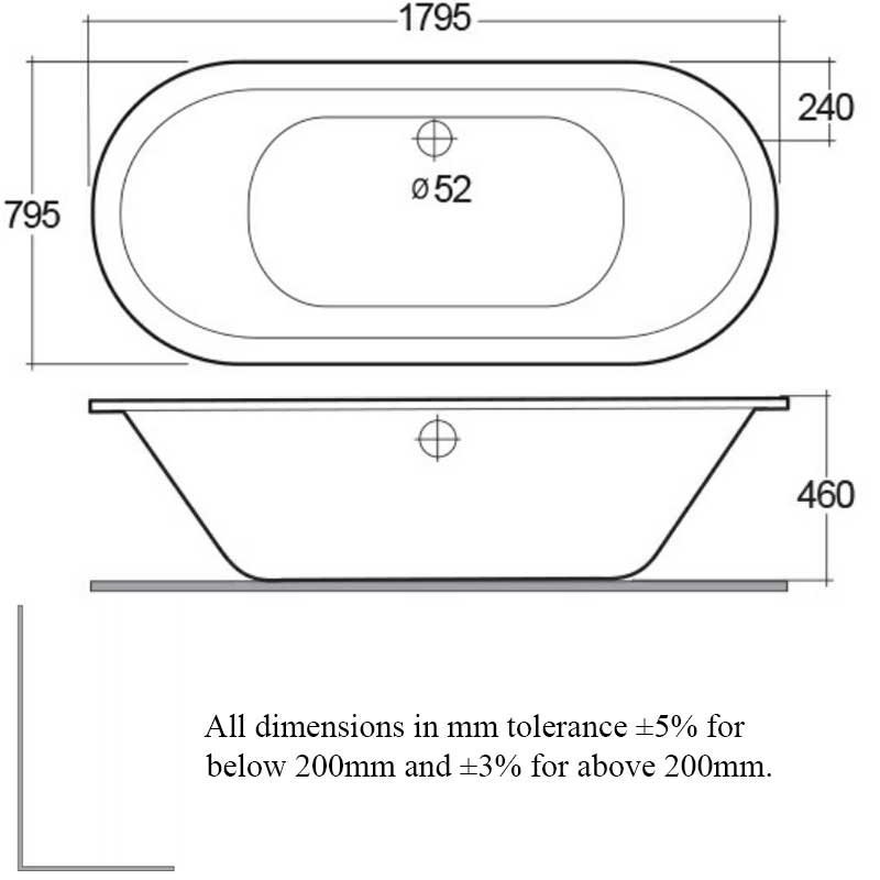 RAK DKM Double Ended Oval Bath 1800mm High x 800mm Wide - Acrylic - NDKMBATH - 795mmx460mm