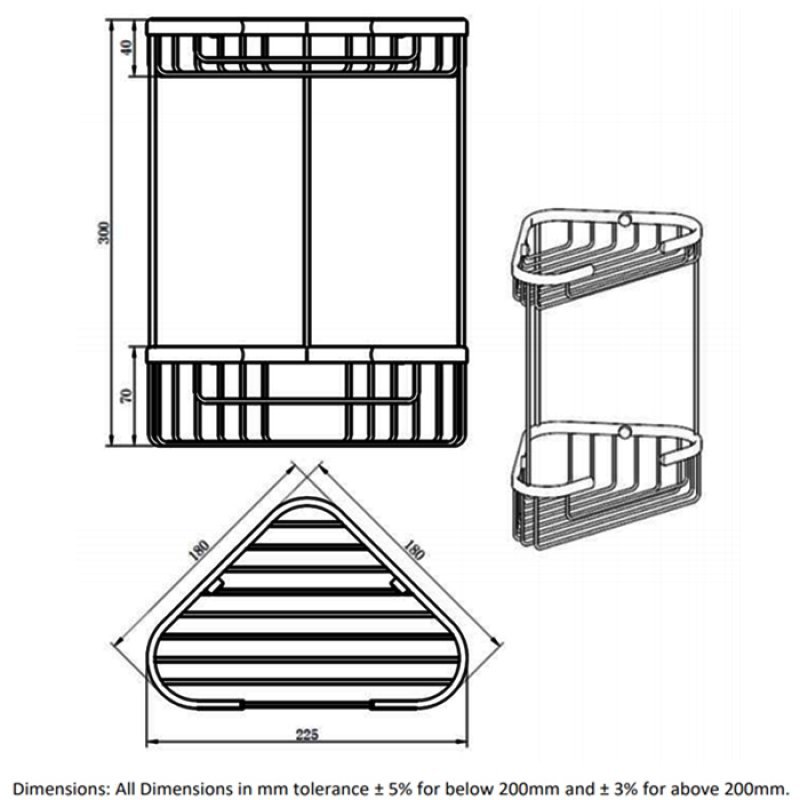 RAK Modern Wall Mounted Double Corner Basket - Chrome - RAKBSK001 - 225mmx300mmx180mm