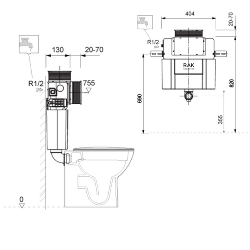 RAK Ecofix Modern Top/Front Access Concealed Toilet Cistern 820mm High x 404mm Wide - White - FS12RAK82TF - 404mmx820mmx200mm