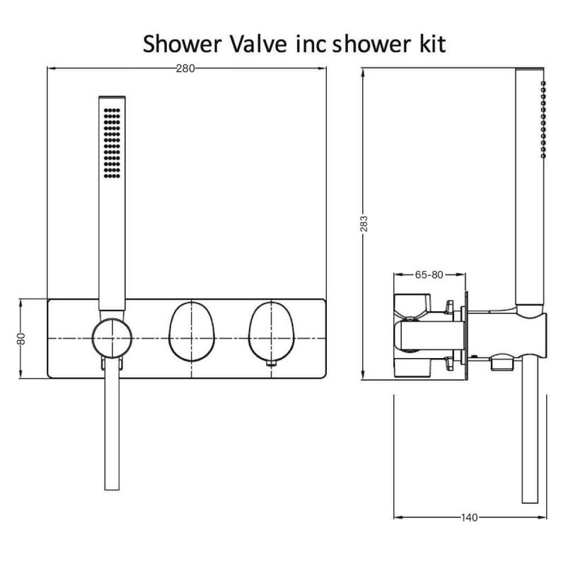 RAK Horizontal Concealed Dual Outlet Thermostatic Shower Valve with Handset - Chrome - RAKITA3305C - 280mmx80mmx65-80mm