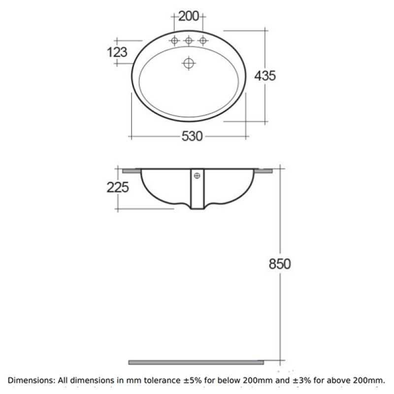RAK Jessica Modern 2 Tap Hole Inset Countertop Basin 530mm Wide (inc Overflow) - White - JESVB2 - 530mmx230mmx435mm
