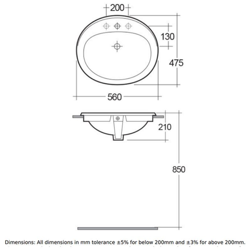 RAK Mira Modern 1 Tap Hole Inset Countertop Basin 560mm Wide - White - MIROC1 - 560mmx210mmx475mm
