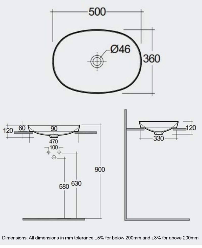 RAK Variant Modern 0 Tap Hole Oval Drop-In Wash Basin 500mm Wide - Alpine White - VARDI25000AWHA - 500mmx120mmx360mm