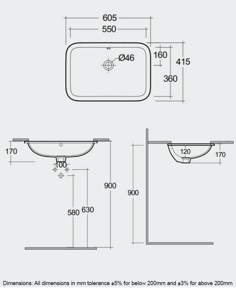 RAK Variant Modern 0 Tap Hole Rectangular Undermount Countertop Basin 550mm Wide - Alpine White - VARUC55500AWHA - 550mmx170mmx605mm