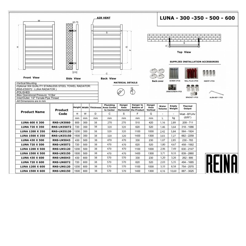 Reina Luna Straight Stainless Steel Heated Towel Rail 1200mm High x 600mm W - Polished - RNS-LN6120 - 600mmx1200mm