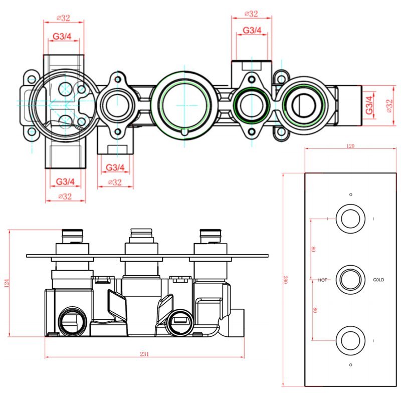 Sagittarius Piazza Thermostatic 3-Way Diverter Triple Handle Concealed Shower Valve - Chrome - PI/277/C - 120mmx280mm