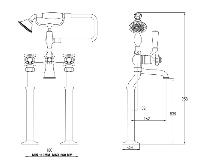JTP Grosvenor Freestanding Bath Shower Mixer With Kit - Nickel - 76275FSNK