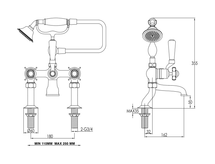 JTP Deck Mounted Bath Shower Mixer with Kit - Antique Brass - 98275G